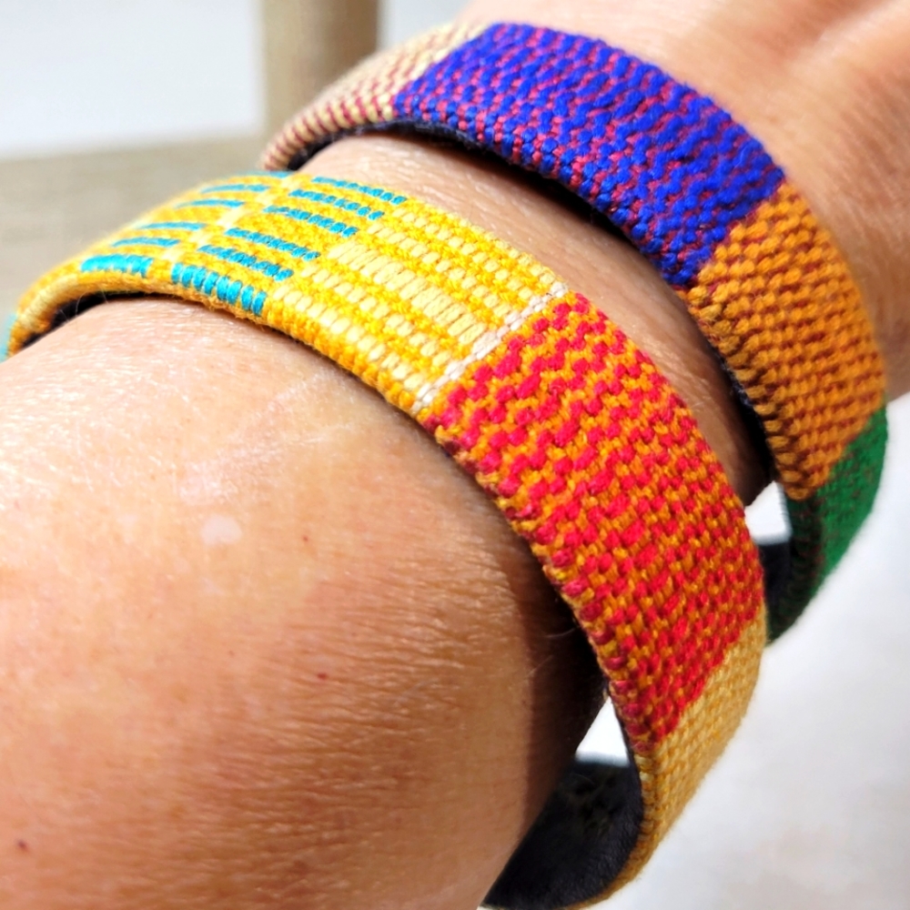 Set of 2 Colorful Woven Cuff Bracelets | Handmade African Kente Tribal Jewelry